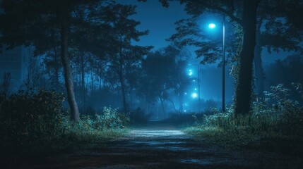 Misty park path at night