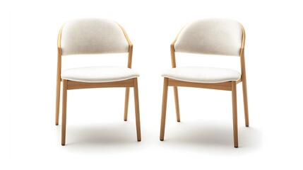 Obraz premium Two light beige upholstered dining chairs on a white background.