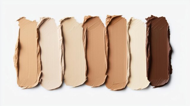 Set of nine swatches of foundation or concealer in different shades of beige, brown, and light beige.