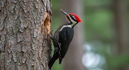 Pileated Woodpecker Drilling into Tree Bark, Majestic Bird in Natural Habitat