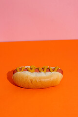 Classic Hot Dog with Mustard on a orange background