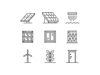 Sustainable home design elements icons set renewable energy