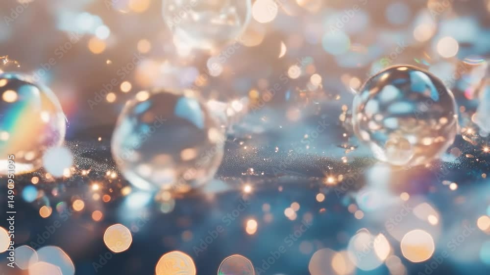 Poster a close-up of colorful water droplets and sparkles reflecting light with soft rainbow effects on a s