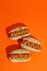Set of unique hot dogs with mustard. Top view on a orange background.