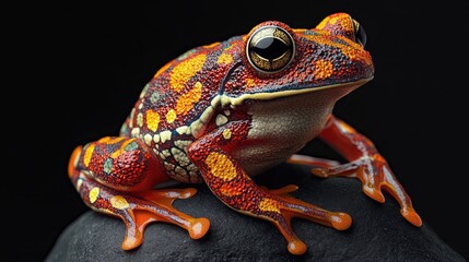 Vibrant red and orange frog on dark stone.