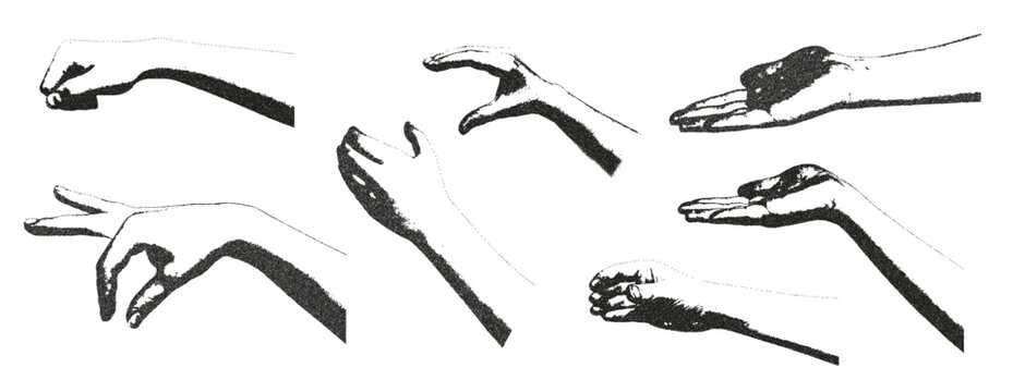 Photocopy effect female hands with holding gesture collage set. Cutout opened arms palm for mixed media design. Pieces of retro newspaper or magazine elements. Vector retro illustration isolated.