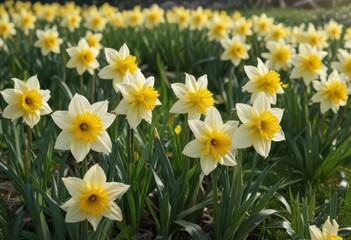 Fototapeta premium Close-up of a cluster of sunny daffodils in a verdant field , vegetation, blossom, ecology