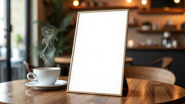 Modern cafe menu stand mockup on rustic table with coffee cups, ideal for restaurant ads, social media, and promotional materials    keywords:   cafe, menu, stand, mockup, table, coffee, cup, steaming