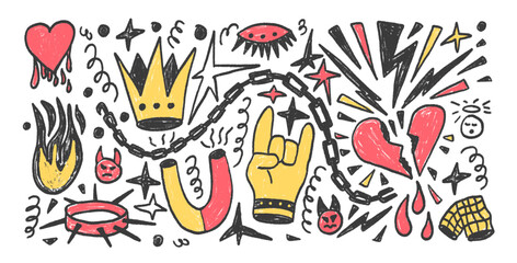 Rock crayon set. Punk breaking heart doodle background. Scribble grunge hand sign poster elements. Devil horns and crown. Vector marker hand drawn illustration.