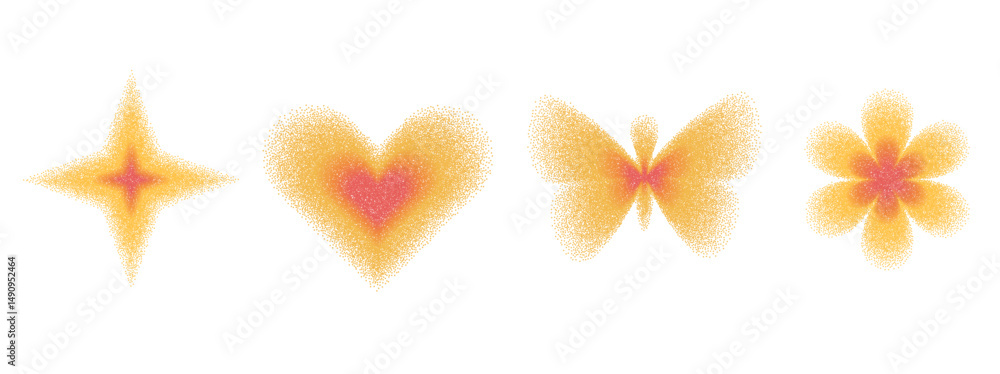 Poster colorful simple figures with grain noise gradient. y2k retro stippling forms set. butterfly, flower,