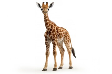 Fototapeta premium A baby giraffe, with its long neck and spotted pattern, standing tall on a white background
