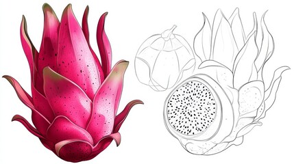 Fototapeta premium Dragon fruit and a halved dragon fruit are shown separately on a white background. The picture includes outlines for easy cutting. 