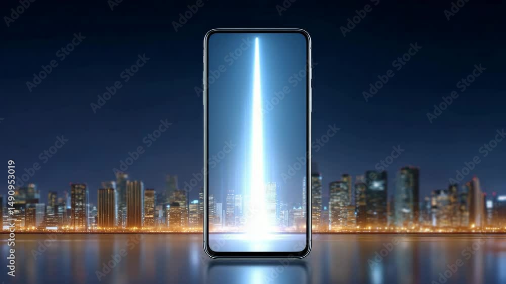 Poster futuristic smartphone displaying illuminated skyscraper skyline at night in a dynamic urban environm
