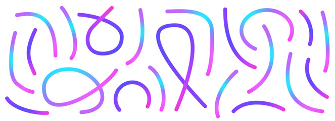 Colorful gradient lines set. Wavy abstract shapes collection. Decorative loop doodles. Irridescent curved spirals elements. Vector carnival gradations strokes. Creative whimsical random path.