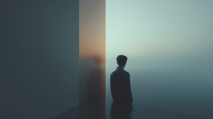 Obraz premium A solitary figure sits at the edge of a surreal, minimalist landscape, divided by a glass wall reflecting dusk and dawn, symbolizing introspection and duality.