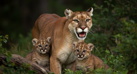 Obraz premium Protective Cougar Mother with Cubs in Verdant Forest Ambience Depiction