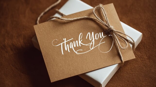 White thank you card tied with string on brown surface