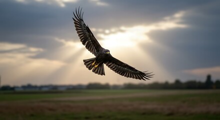 Hawk in flight sunset silhouette