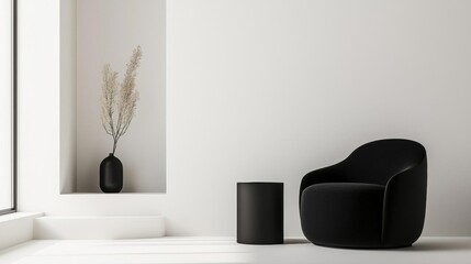 Modern living room with a minimalist design. the room has a large window on the left side, allowing natural light to enter the space.