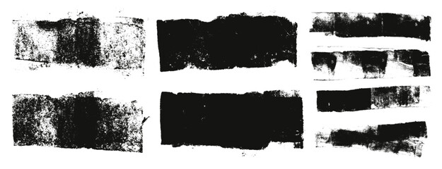 Grunge eroded line textures set. Ink roller background. Vintage rectangles imprint. Dry black brayer straight striped on white background. Painted relief stains. Vector lino eroded wide dirty form.