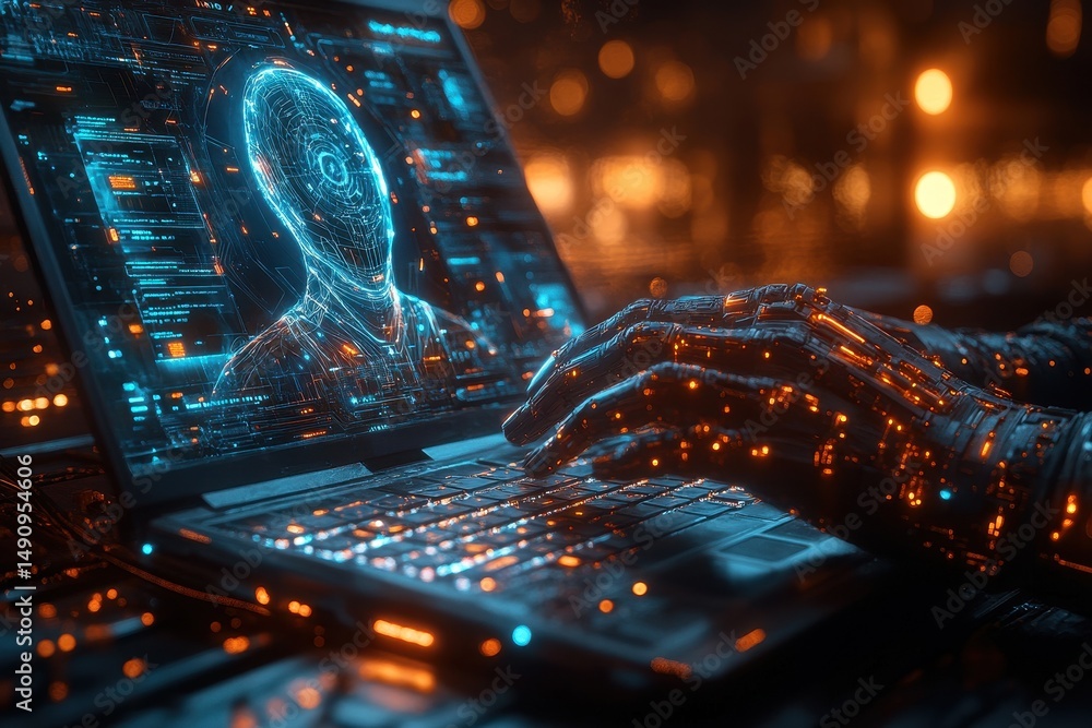 Poster digital interaction between a robotic hand and a holographic interface showcasing futuristic technol