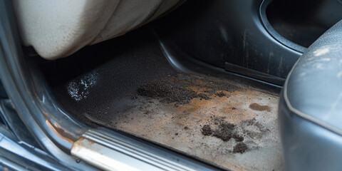 Obraz premium Car interior showing dirt and debris on the floor mat Generative AI