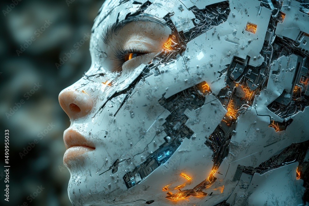 Poster intricate robot face displaying advanced technology with glowing elements and a lifelike appearance 