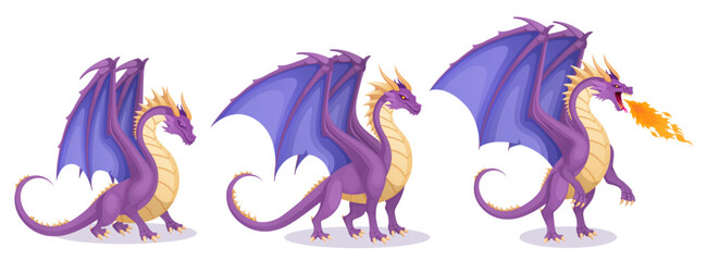 Cartoon fantasy dragon characters set. Mythological creature sleeping, awakened and breathing with fire vector illustration. Purple and yellow fairy reptile with wings, tail, paws, claws and teeth 

