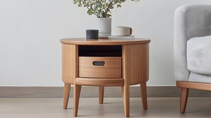 Modern, round side table with a single drawer.