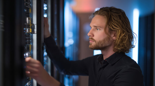 It technician troubleshooting computer system in a modern data center environment