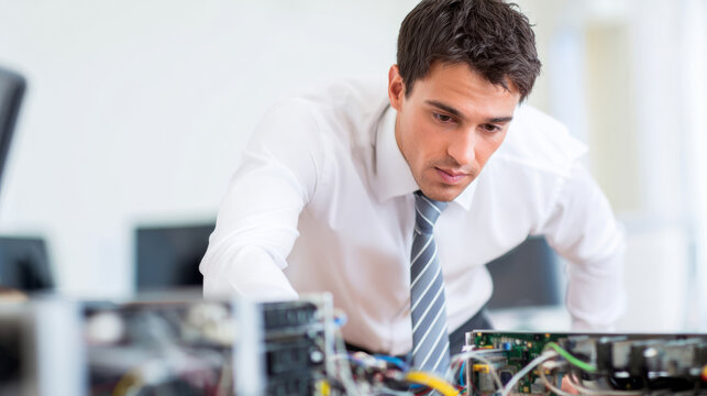 It technician diagnosing computer system issues in a modern office environment