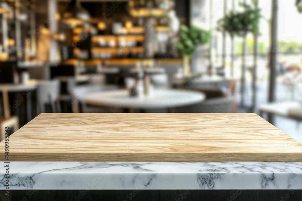 Poster empty wooden kitchen counter mockup for product display generative ai