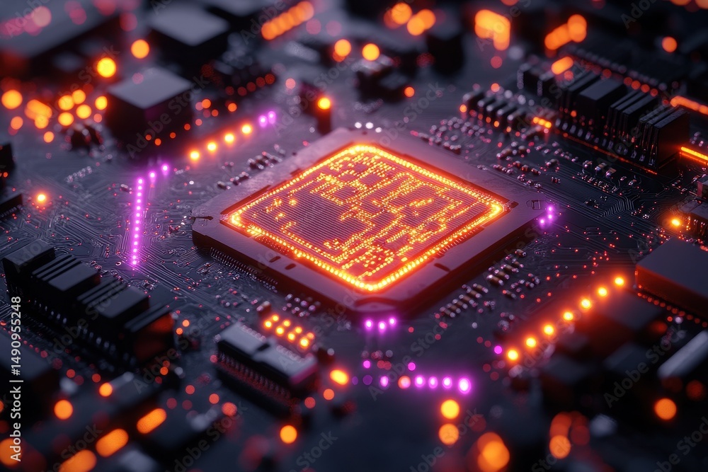 Poster close-up view of a computer motherboard with glowing circuitry and advanced processing unit at dusk