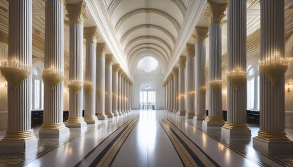 elegant columned hallway luxurious venue interior design bright atmosphere wide angle view opulent style