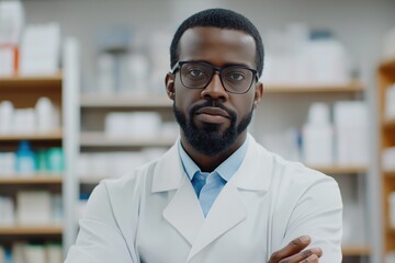 Obraz premium A man in a white lab coat stands in front of a shelf of medicine bottles. He is wearing glasses and has a serious expression on his face