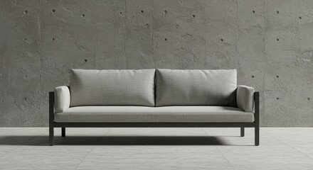 Elegant Gray Sofa Against a Concrete Wall, Minimalist Interior Design