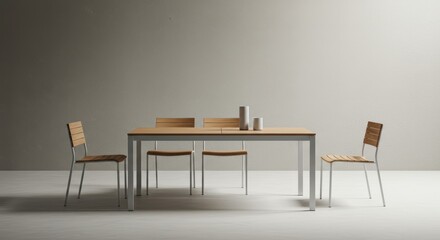 Elegant minimalist dining set with wooden table and chairs against plain backdrop