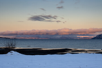 Mountains with snow in sunrise, Hamnvik, Norway