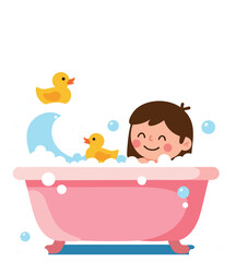 Naklejka premium Child enjoying bath time with yellow rubber ducks in pink bathtub vector illustration 