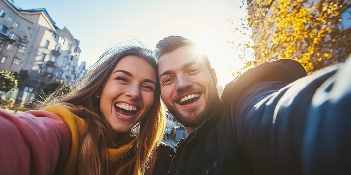 Happy couple enjoys sunny day while taking outdoor selfie Generative AI