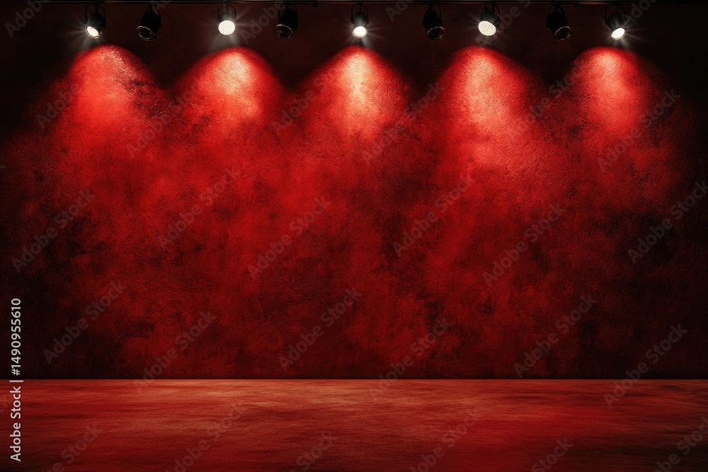 Poster red textured wall with spotlights stage backdrop empty space for presentation mockup