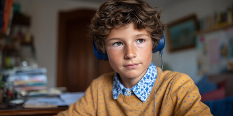 Focused student engaged in remote learning with headphones indoors