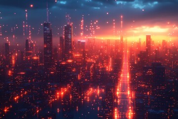 City skyline at dusk with glowing lights and digital elements creating a futuristic atmosphere