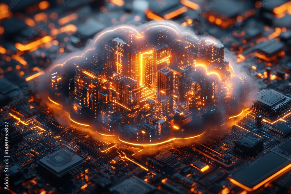 Aufkleber digital cityscape emerging from a cloud over a circuit board in a futuristic setting