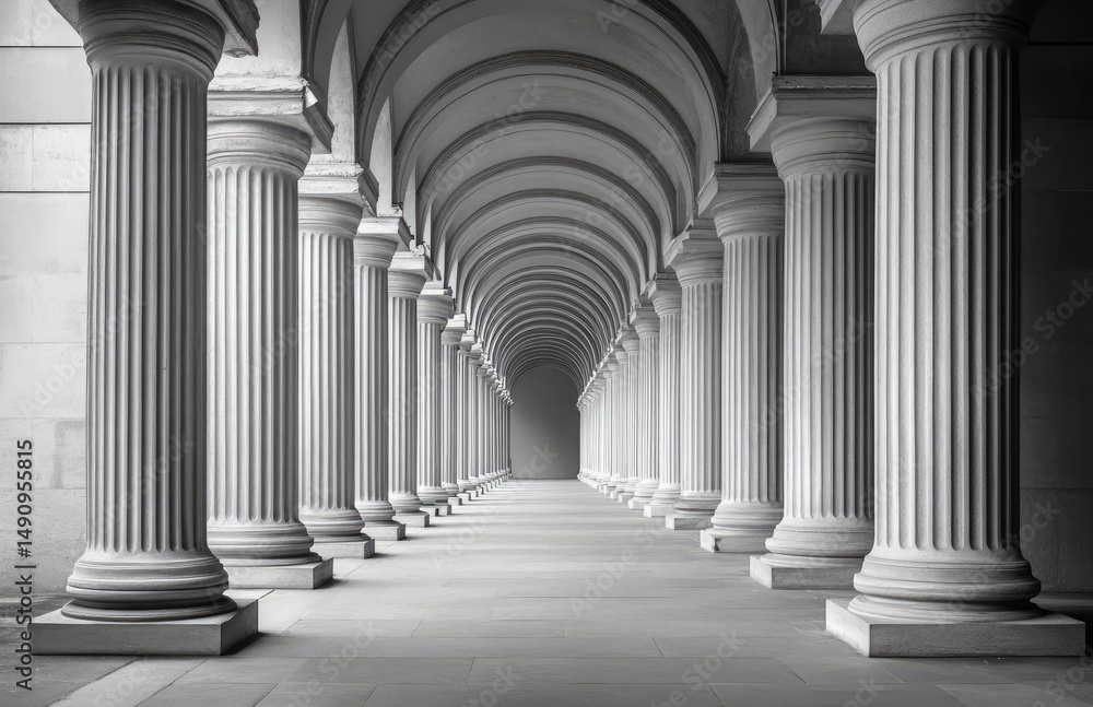 Poster repeating columns form vaulted archway; grey stone and architectural symmetry visual
