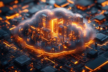 Digital cityscape emerging from a cloud over a circuit board in a futuristic setting