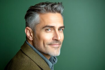 Fototapeta premium A man with natural beauty and a confident stance. Green solid background. Modish men's slick back with fade haircut - midlife white man with hair. Creative art of style for aging men.