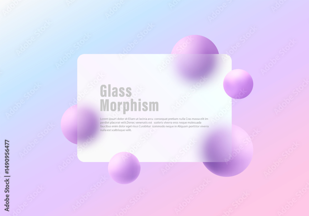 Poster glass morphism rectangle with soft violet spheres on pastel gradient background