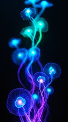 Glowing colourful jellyfish against a dark background