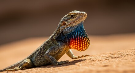 Fototapeta premium Striking agama lizard displaying its vibrant dewlap in natural sunlight